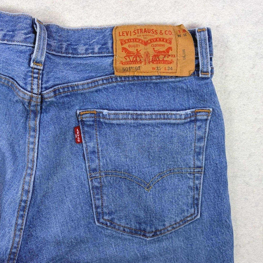 Levis 501 93 Straight Leg Jeans Mens W31 L34 Blue Distressed 79830-0149 - Picture 4 of 10